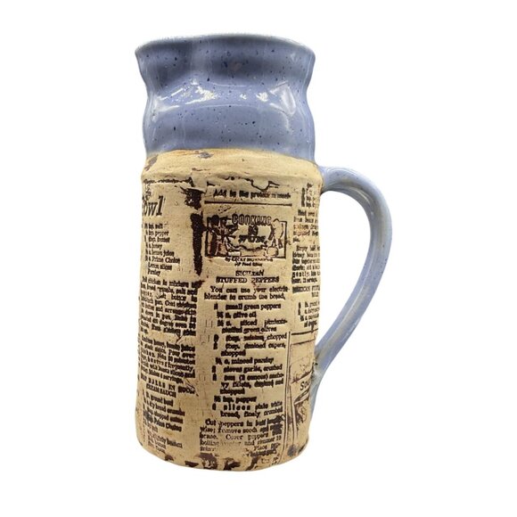 Vtg Style Ceramic Pitcher Recipe Print Rustic Blue Glaze Signed By Evelyn 7.5"H - Picture 2 of 6
